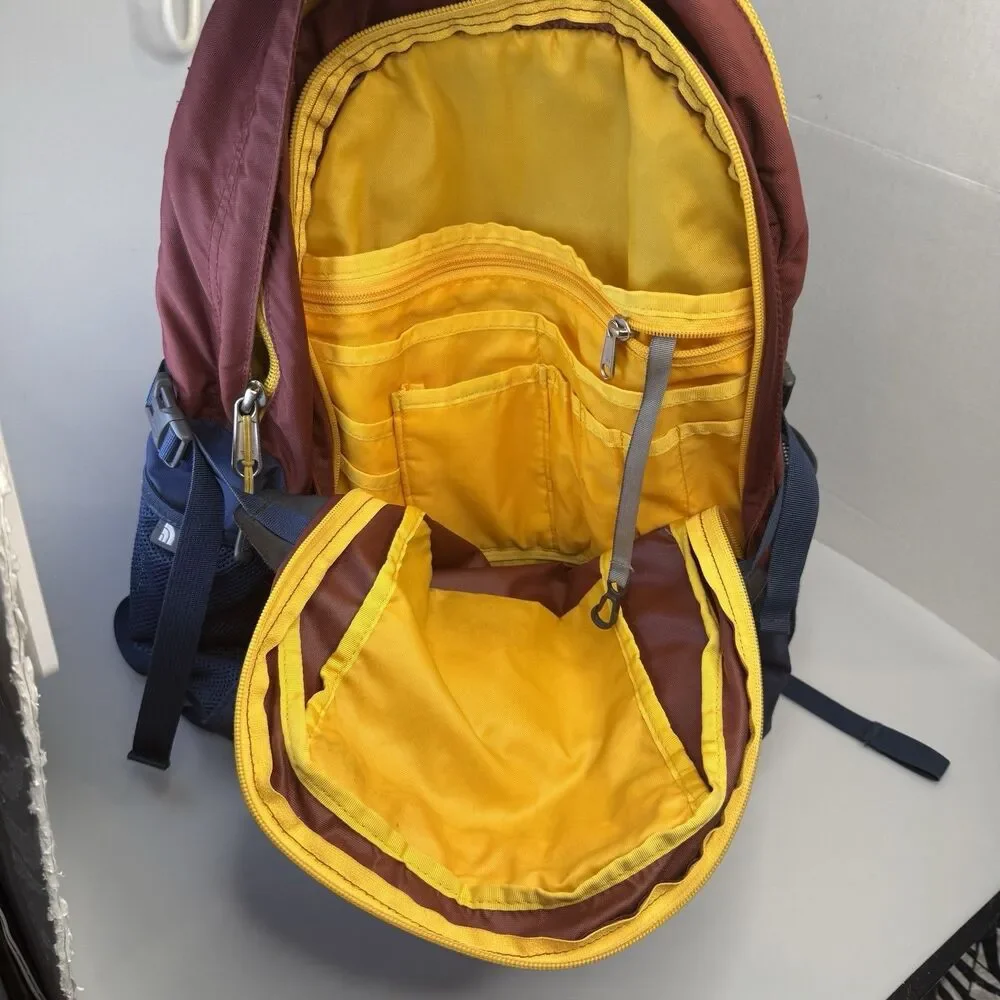 The North Face Recon Backpack Laptop Outdoor Hiking Burgundy Yellow GUC